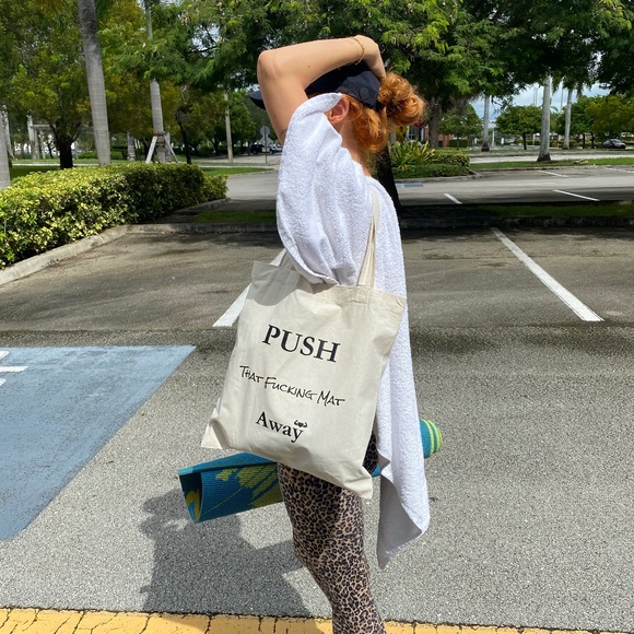 Unisex 100% Cotton Yoga Market Beach Tote Bag Push That Fu*&ing Mat Away - Picture 3 of 4